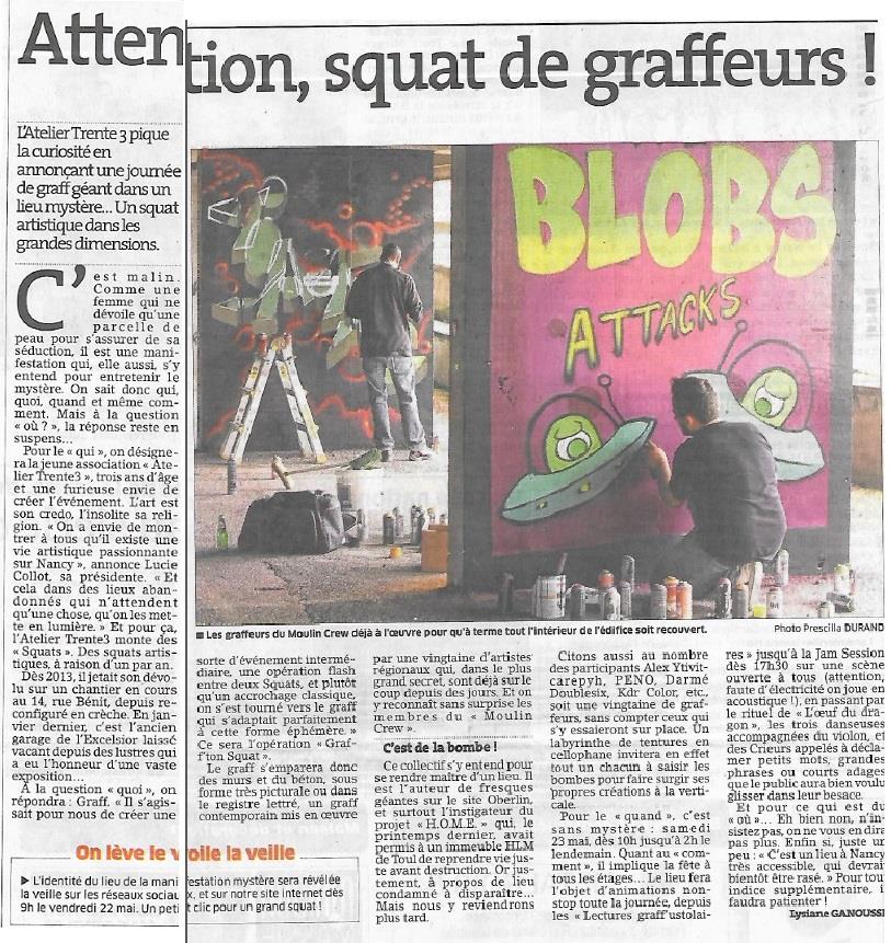 Article de l'Est Républicain sur l'événement Graff Ton Squat ! organisé à Nancy par l'association Atelier33