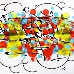 "Pointillisme Trouble", tag "Hyperactivity Rocks" recouvert de touches d'encres et de peinture. Techniques mixtes : encres, acrylique et marqueurs. Format A3, 180g / m2.