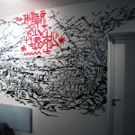 Fresque réalisée au pinceau en tracé direct sur mur d'appartement, inspirée des gravures représentant une scène de bataille épique