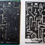 "Scribendi Origines", estampe imprimée traditionnellement à partir d'une gravure sur bois par Hyperactivity Rocks en 2016