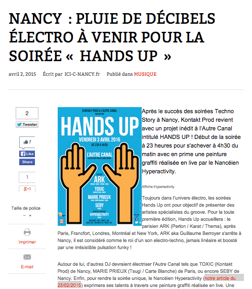 Ici-C-Nancy consacre un article à la soirée Hands Up à l'Autre Canal avec Hyperactivity
