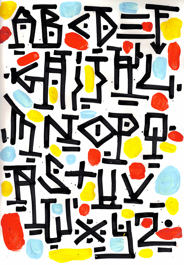 Alphabet, calligraphie expérimentale réalisée au calame et à l'encre de Chine, rehaussée à la gouache et à l'acrylique sur papier d'art A4