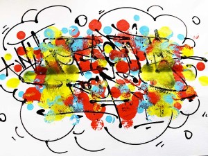 "Pointillisme Trouble", tag "Hyperactivity Rocks" recouvert de touches d'encres et de peinture. Techniques mixtes : encres, acrylique et marqueurs. Format A3, 180g / m2.