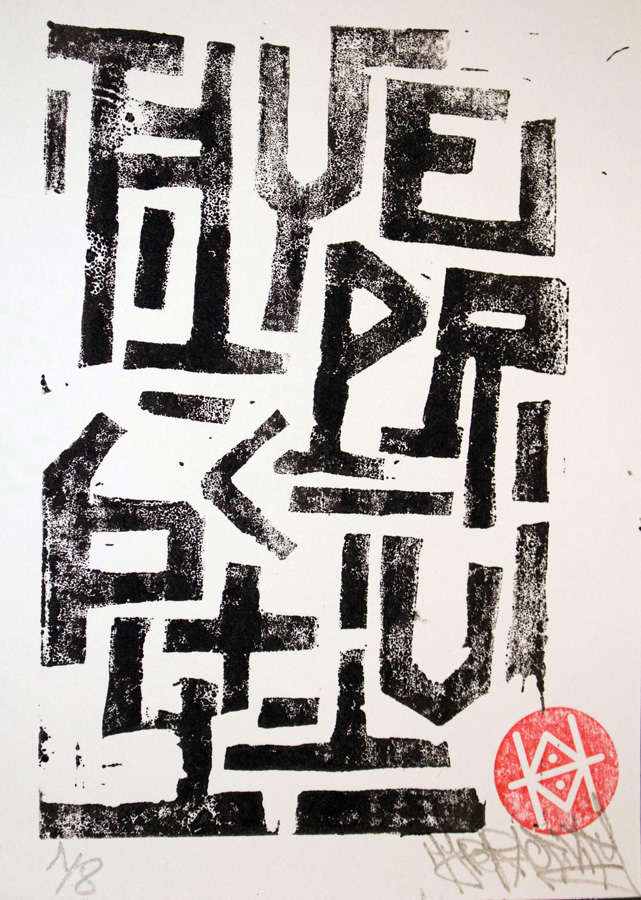 Estampe "Codex 5102" réalisée à partir d'une linogravure de l'artiste Hyperactivity