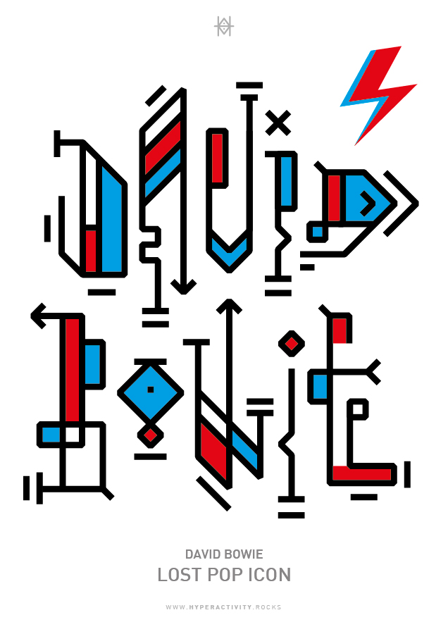 David Bowie Lost Pop Icon, typographie expérimentale réalisée en hommage à l'artiste David Bowie