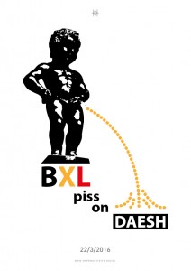 BXL piss on daesh, hommage aux victimes des attentats de Bruxelles le 22 mars 2016, illustration réalisée par Hyperactivity Rocks