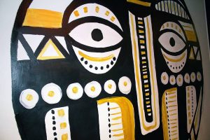 "Oro Nero", Peinture inspirée des arts premiers, masque africain, décoration restaurant africain DNM, Nancy, par Hyperactivity rocks 2016