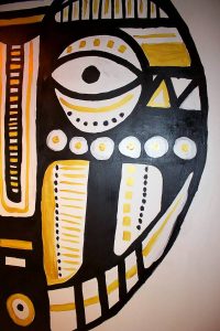 "Oro Nero", Peinture inspirée des arts premiers, masque africain, décoration restaurant africain DNM, Nancy, par Hyperactivity rocks 2016