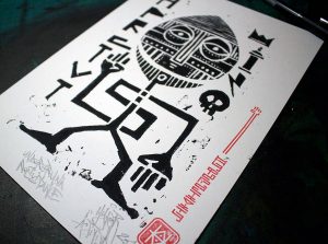 "Underground Resistance", impression artisanale de 7 estampes à partir d'une linogravure par Hyperactivity Rocks en 2016