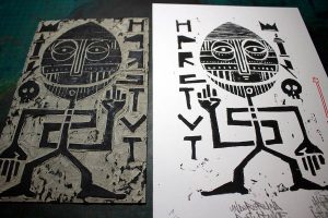 "Underground Resistance", impression artisanale de 7 estampes à partir d'une linogravure par Hyperactivity Rocks en 2016