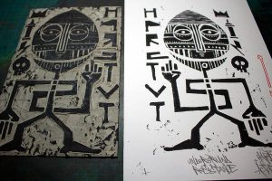 "Underground Resistance", impression artisanale de 7 estampes à partir d'une linogravure par Hyperactivity Rocks en 2016