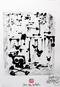 "Skull and Bones", Estampe imprimé en exemplaire unique, avec la technique du monotype par Hyperactivity Rocks